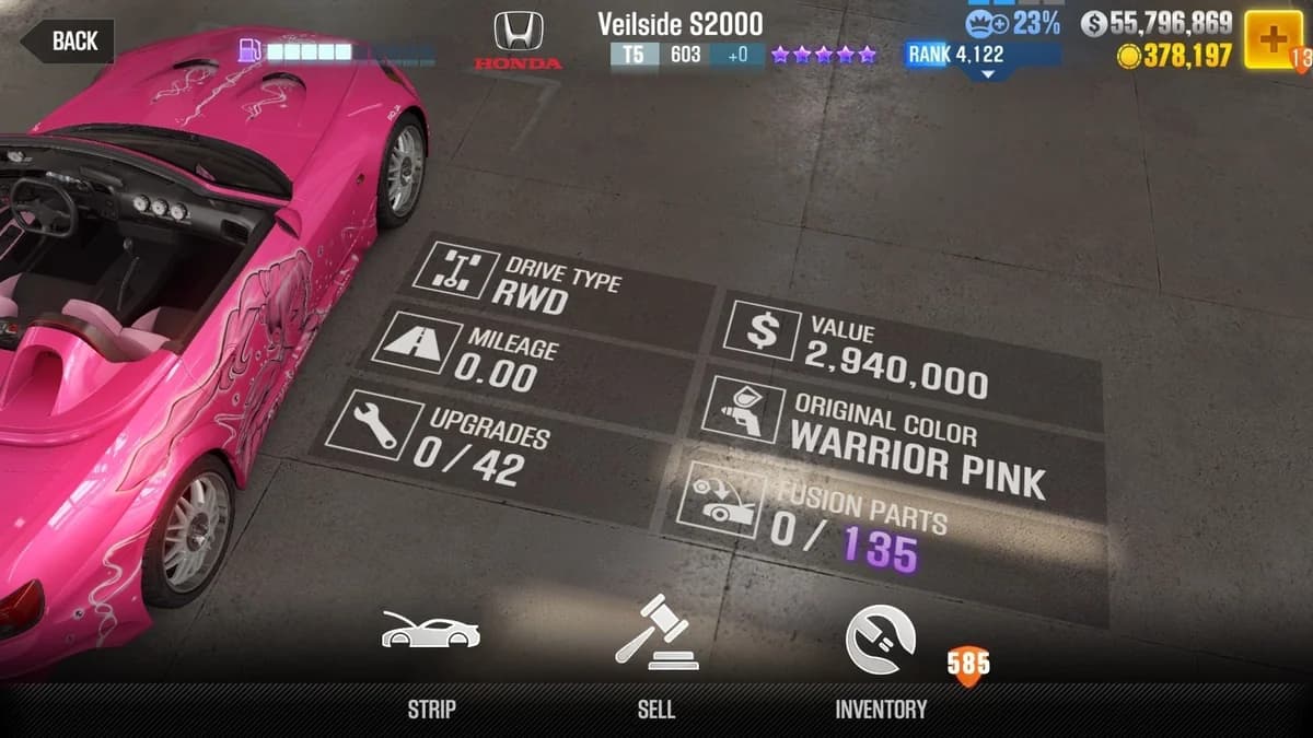 Suki's Honda Veilside S2000 (Pink) (FnF) CSR2 fusion parts and upgrade breakdown, tier 5 purple star car
