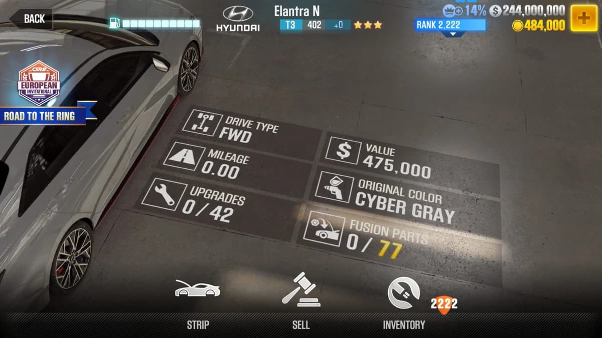 Hyundai Elantra N CSR2 fusion parts and upgrade breakdown, tier 3 gold star car