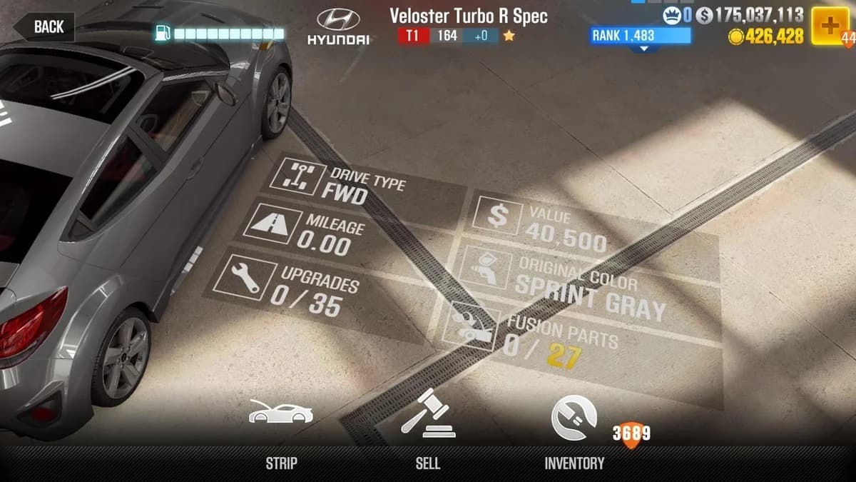 Hyundai Veloster Turbo R Spec CSR2 fusion parts and upgrade breakdown, tier 1 gold star car
