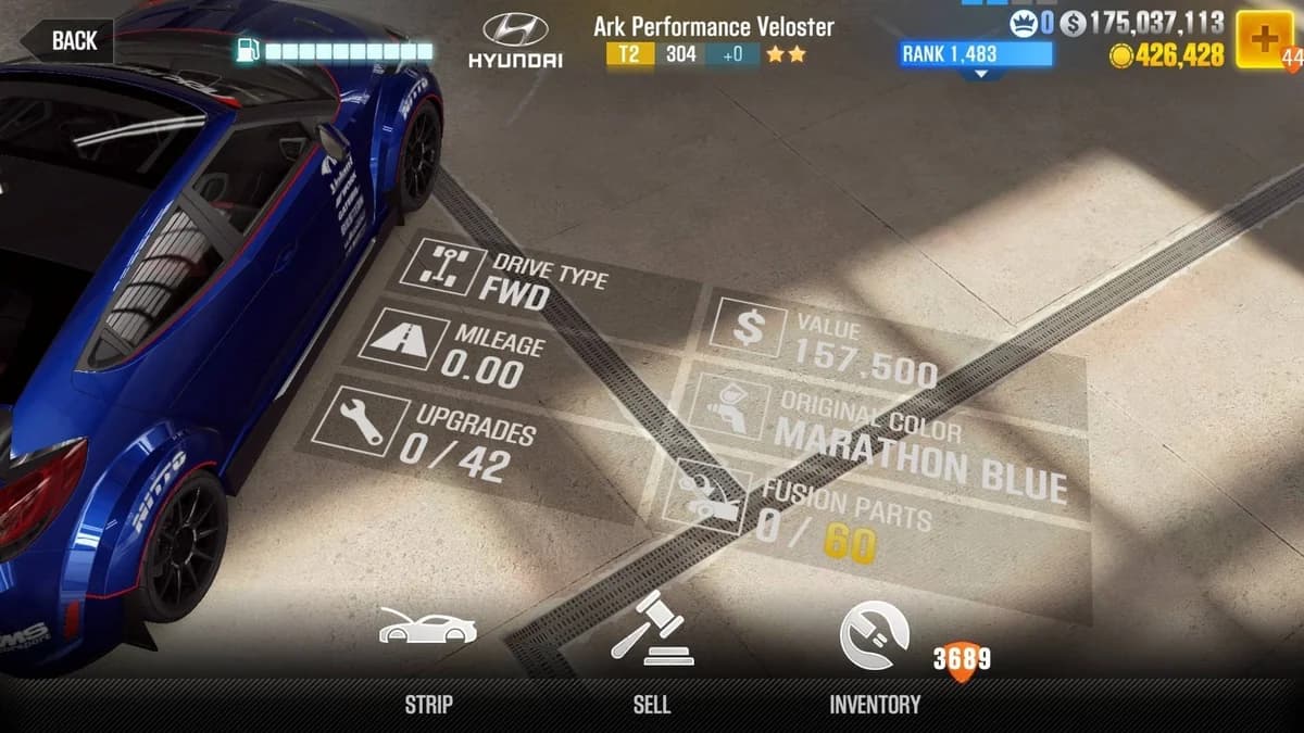 Hyundai Ark Performance Veloster CSR2 fusion parts and upgrade breakdown, tier 2 gold star car