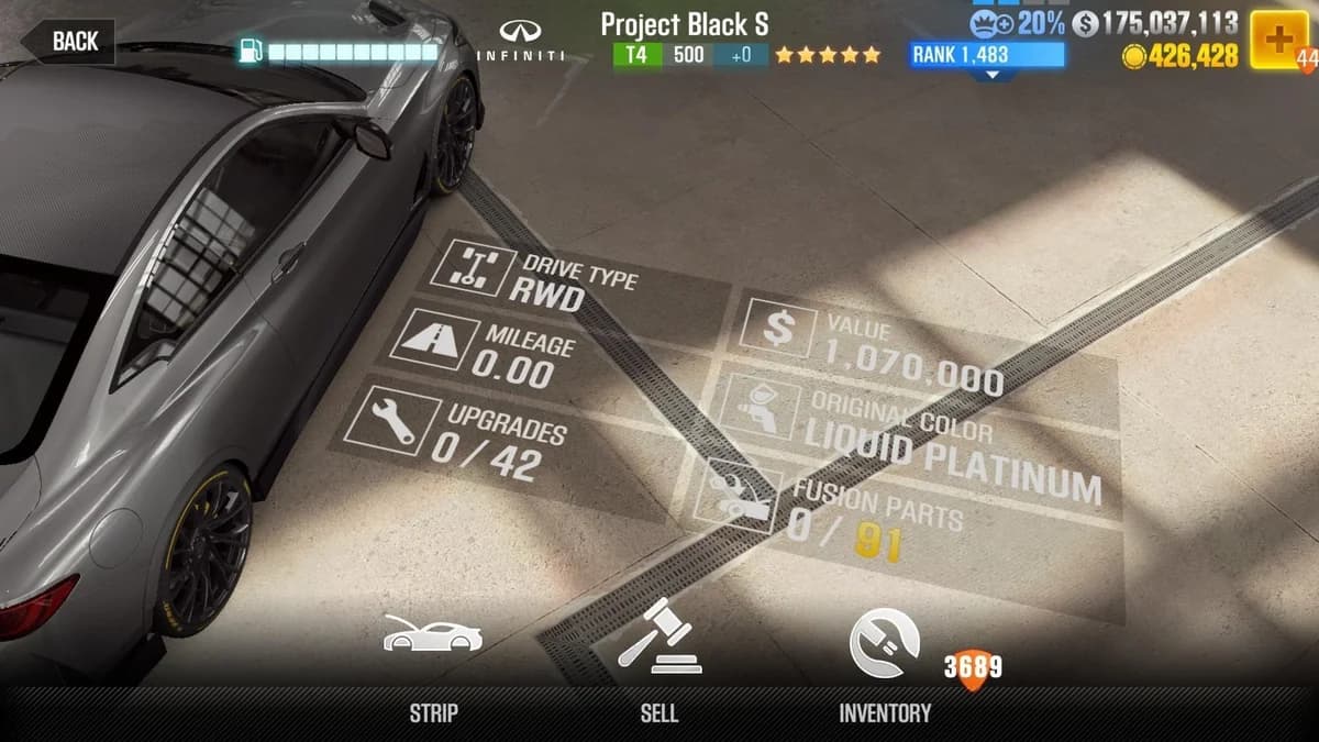 INFINITI Project Black S CSR2 fusion parts and upgrade breakdown, tier 4 gold star car