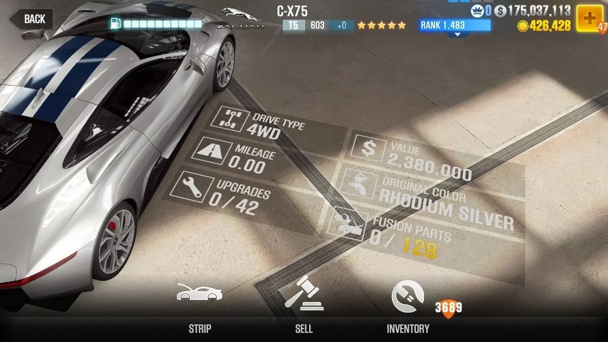 Jaguar C-X75 CSR2 fusion parts and upgrade breakdown, tier 5 gold star car