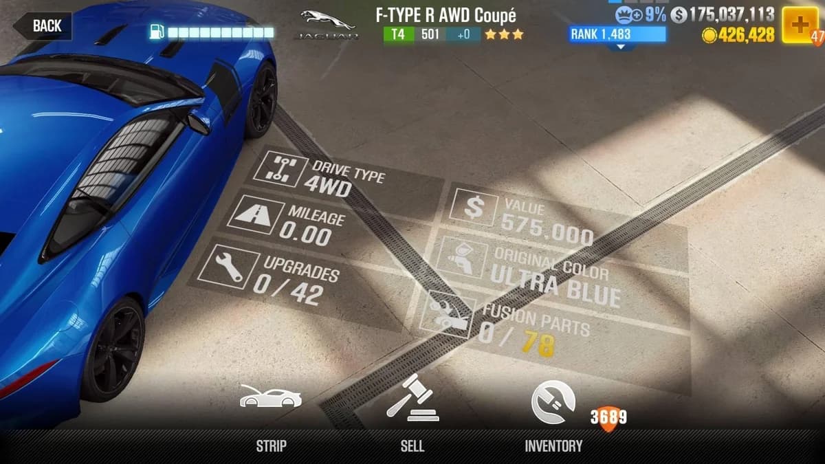 Jaguar F-TYPE R AWD Coupe CSR2 fusion parts and upgrade breakdown, tier 4 gold star car