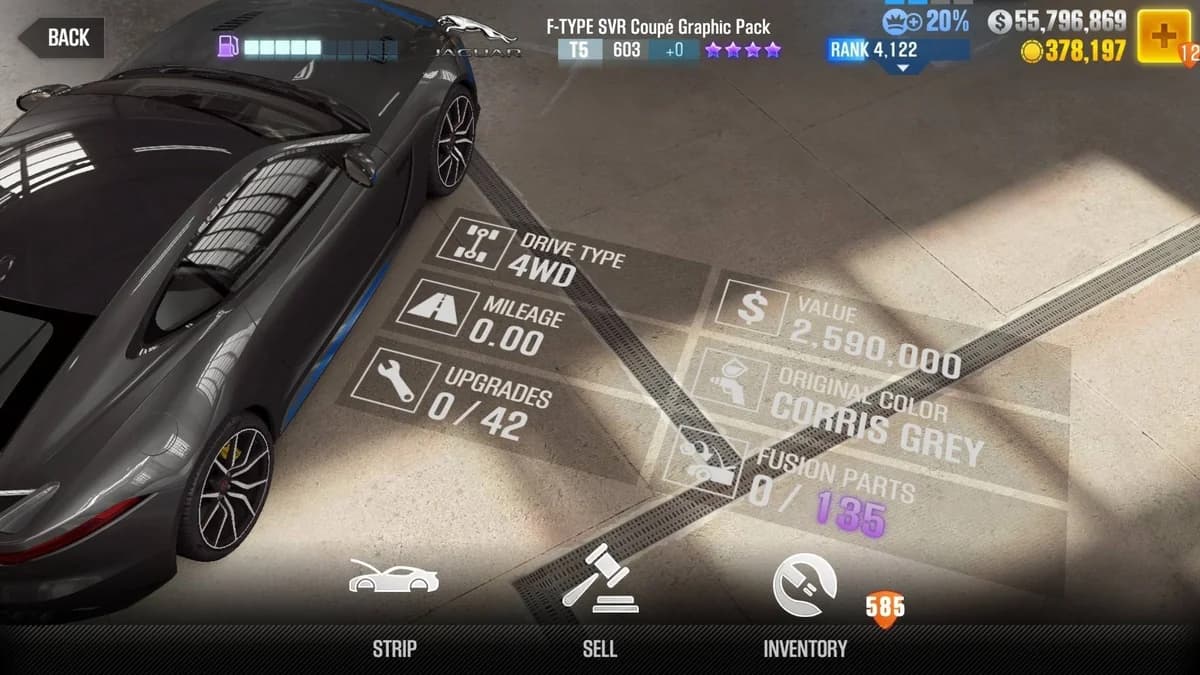 Jaguar F-TYPE SVR Coupe Graphic Pack CSR2 fusion parts and upgrade breakdown, tier 5 purple star car