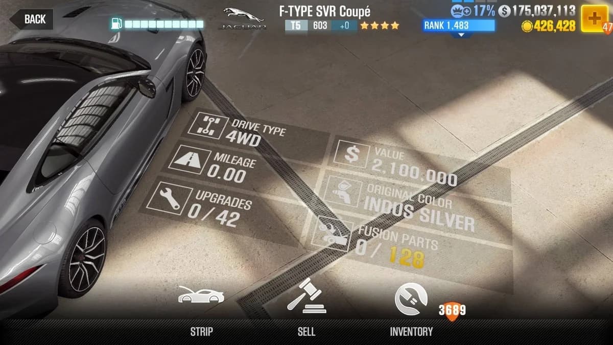 Jaguar F-TYPE SVR Coupe CSR2 fusion parts and upgrade breakdown, tier 5 gold star car