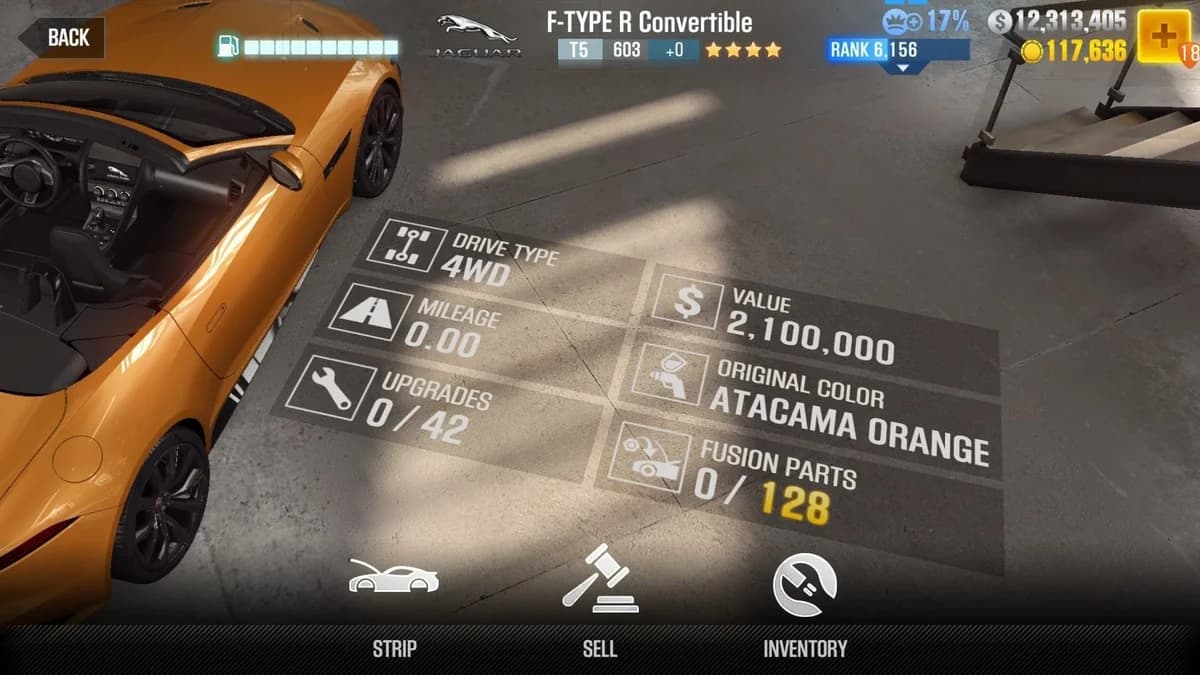 Jaguar F-TYPE R Convertible CSR2 fusion parts and upgrade breakdown, tier 5 gold star car