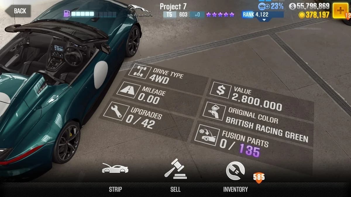 Jaguar Project 7 (VIP/New Year Offer) CSR2 fusion parts and upgrade breakdown, tier 5 purple star car
