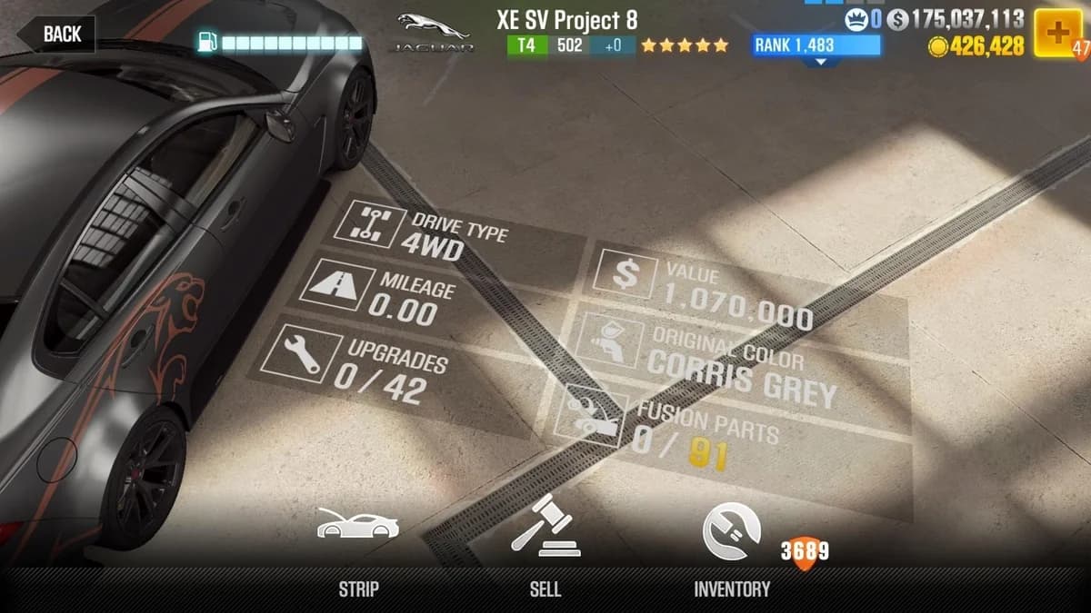 Otto's Jaguar XE SV Project 8 (FnF) CSR2 fusion parts and upgrade breakdown, tier 4 purple star car