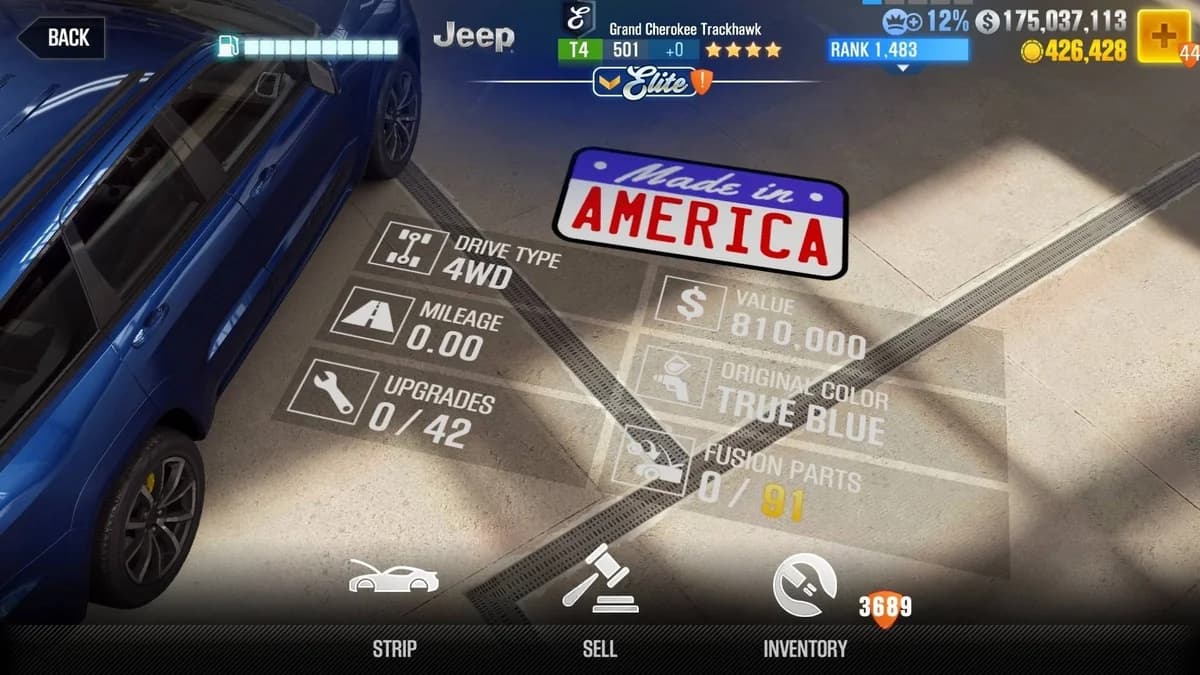 Jeep Grand Cherokee Trackhawk (E.C. Level 0) CSR2 fusion parts and upgrade breakdown, tier 4 gold star car