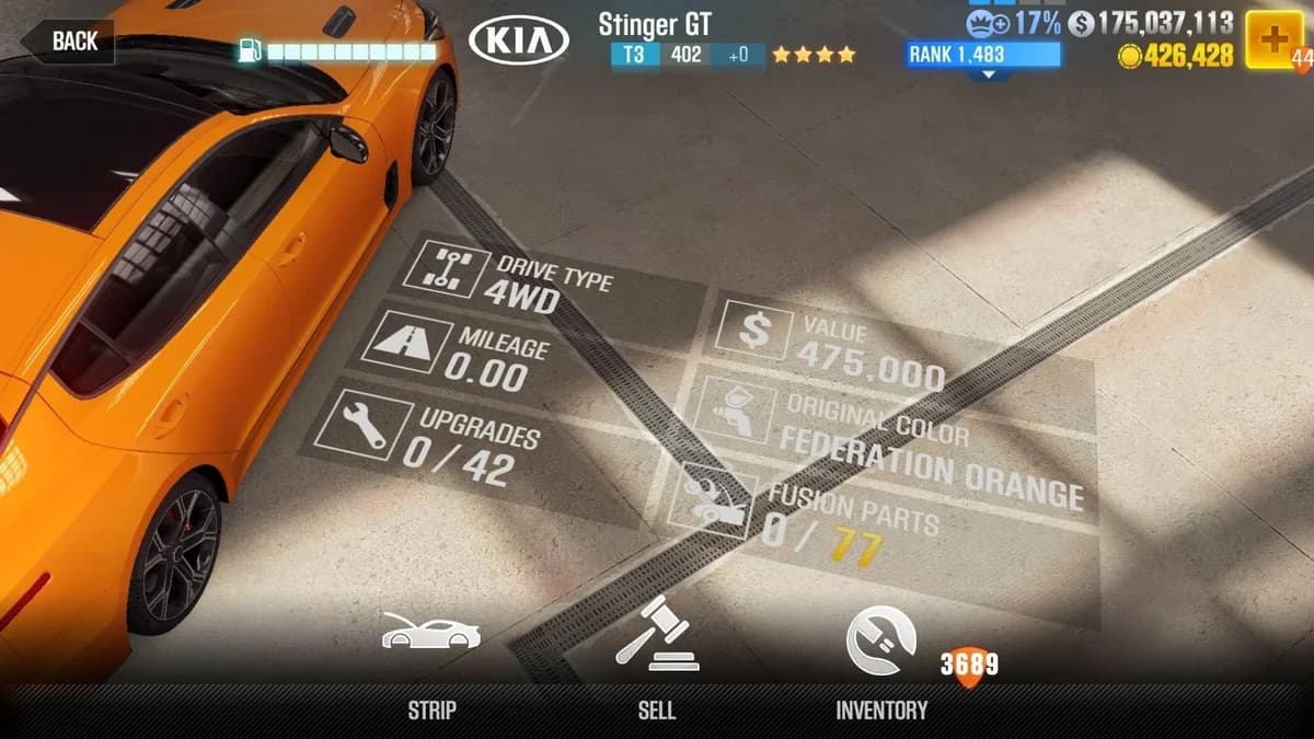 Kia Stinger GT CSR2 fusion parts and upgrade breakdown, tier 3 gold star car