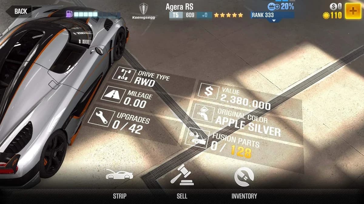 Koenigsegg Agera RS CSR2 fusion parts and upgrade breakdown, tier 5 gold star car