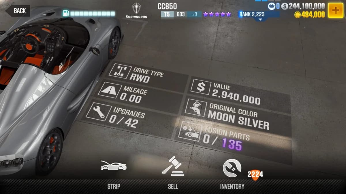 Koenigsegg CC850 CSR2 fusion parts and upgrade breakdown, tier 5 purple star car