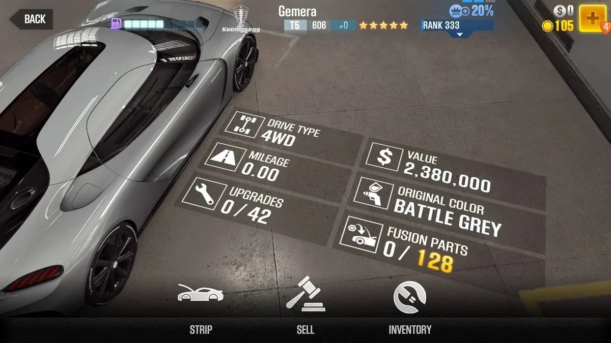 Koenigsegg Gemera CSR2 fusion parts and upgrade breakdown, tier 5 gold star car