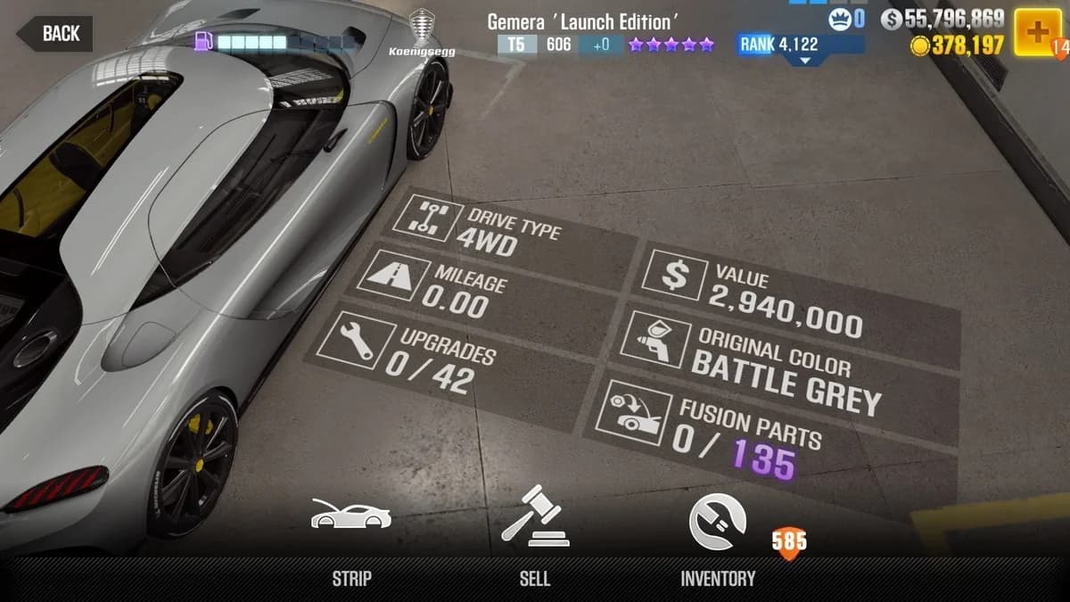 Koenigsegg Gemera 'Launch Edition' CSR2 fusion parts and upgrade breakdown, tier 5 purple star car
