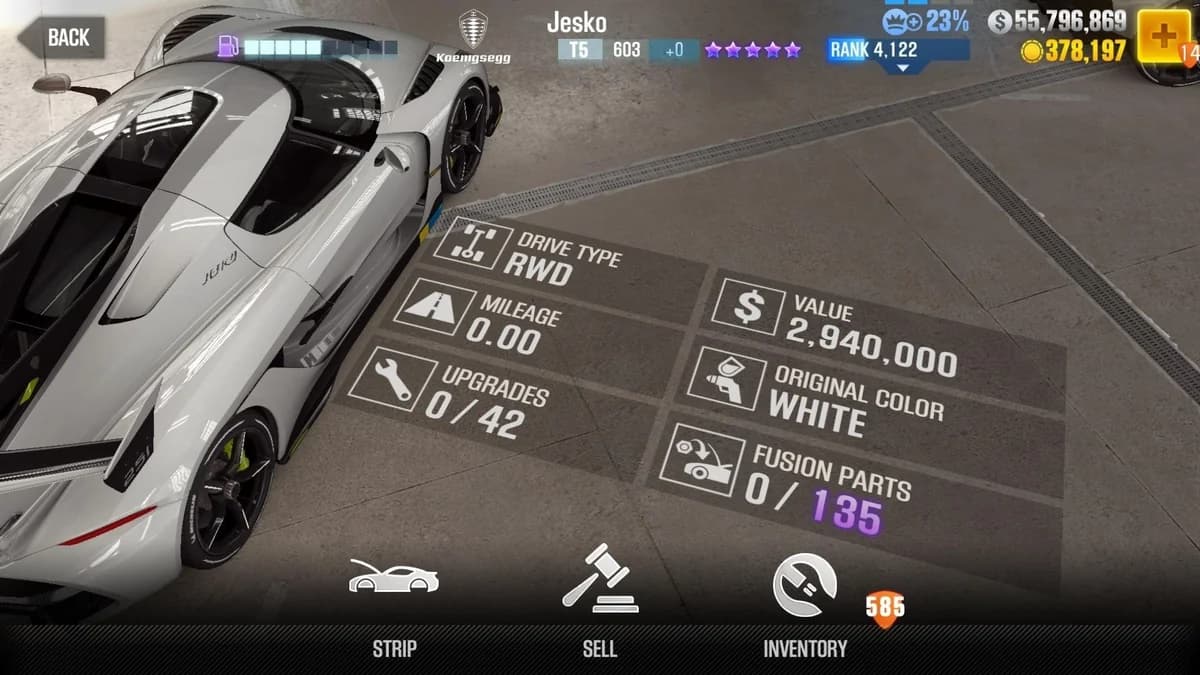 Koenigsegg Jesko (White) CSR2 fusion parts and upgrade breakdown, tier 5 purple star car