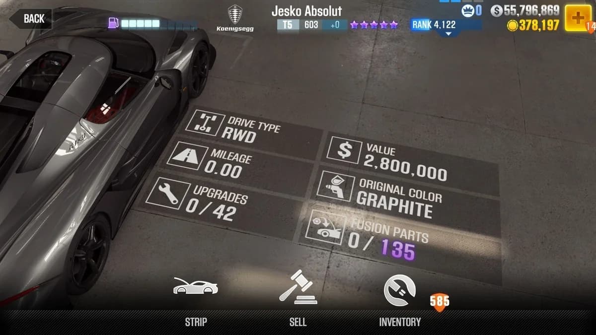 Koenigsegg Jesko Absolut CSR2 fusion parts and upgrade breakdown, tier 5 purple star car