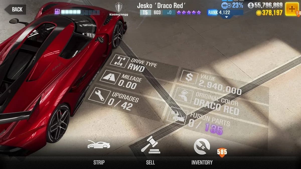 Koenigsegg Jesko 'Draco Red' CSR2 fusion parts and upgrade breakdown, tier 5 purple star car