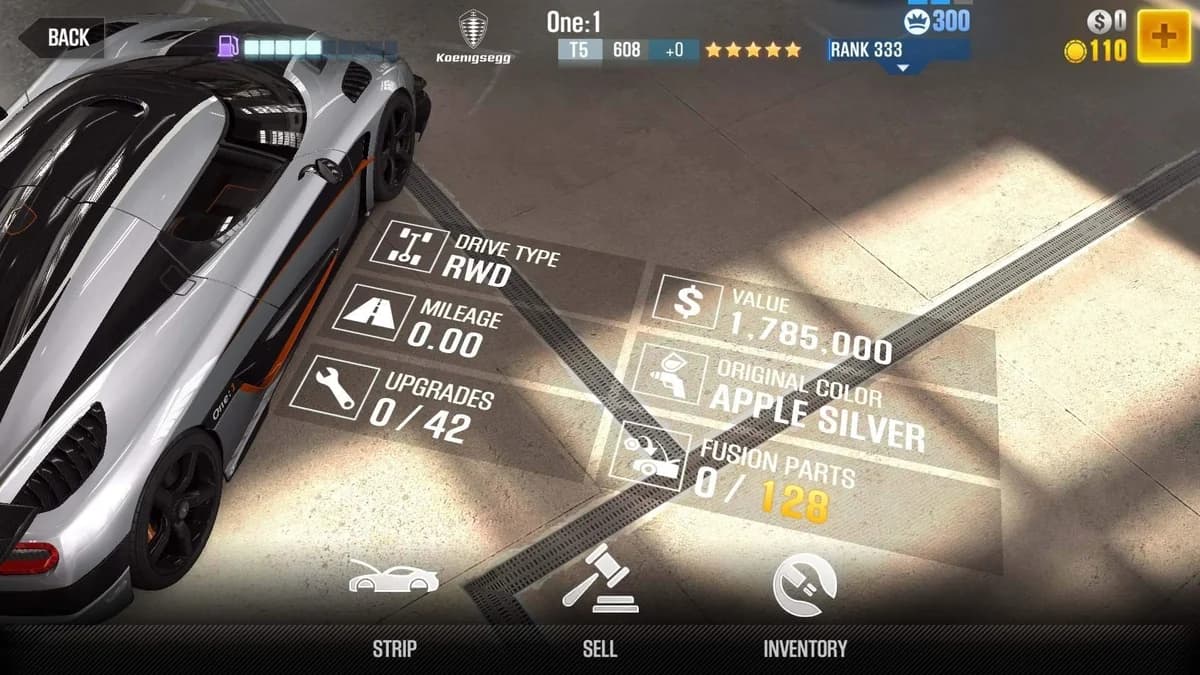Koenigsegg One:1 CSR2 fusion parts and upgrade breakdown, tier 5 gold star car