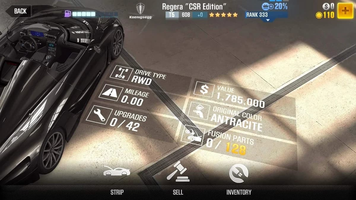 Koenigsegg Regera ''CSR Edition'' CSR2 fusion parts and upgrade breakdown, tier 5 gold star car