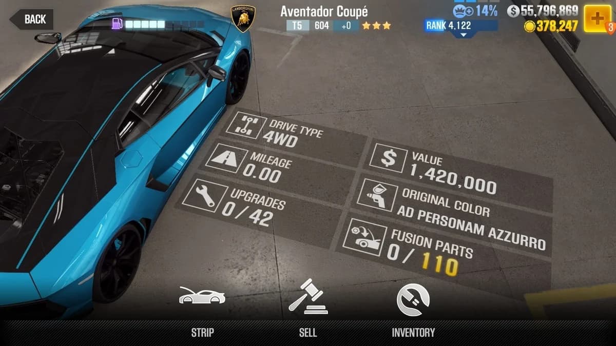 Lamborghini Aventador Coupe CSR2 fusion parts and upgrade breakdown, tier 5 gold star car
