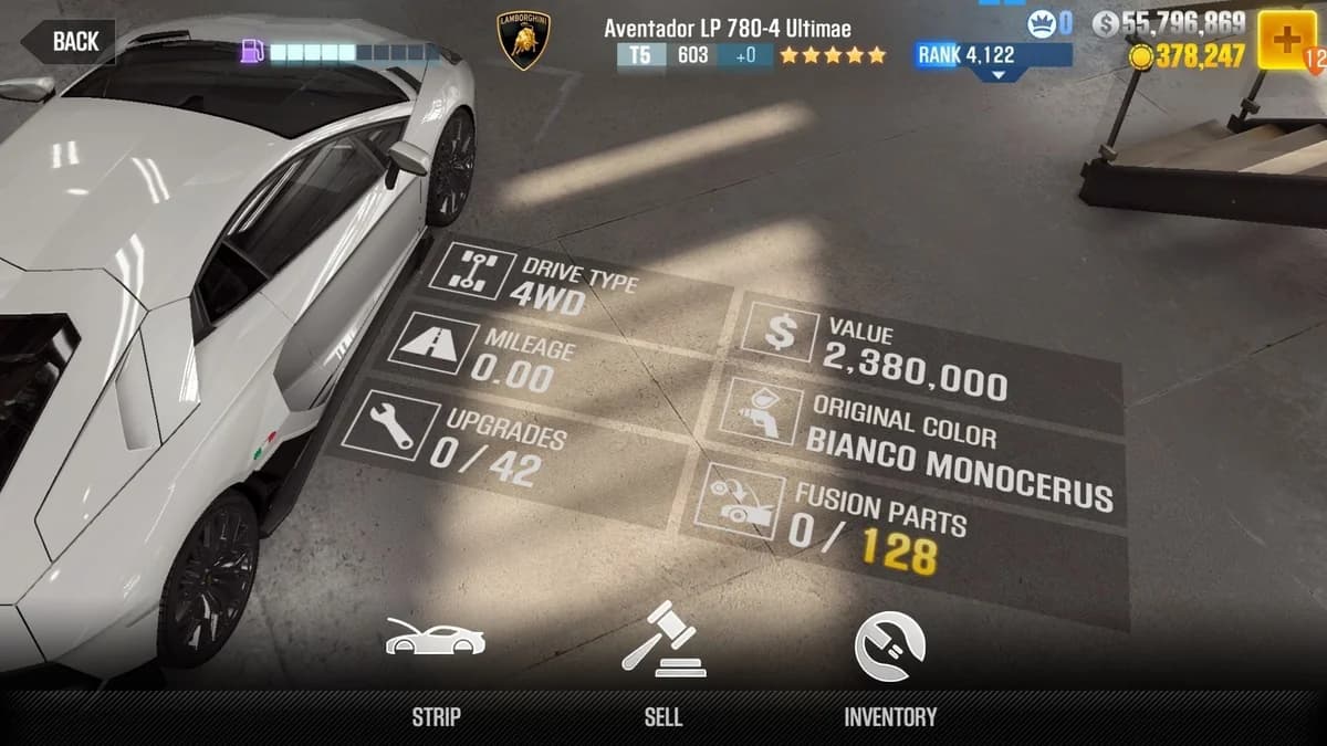 Lamborghini Aventador LP 780-4 Ultimae CSR2 fusion parts and upgrade breakdown, tier 5 purple star car