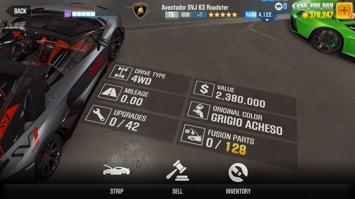 Lamborghini Aventador SVJ Roadster CSR2 fusion parts and upgrade breakdown, tier 5 purple star car