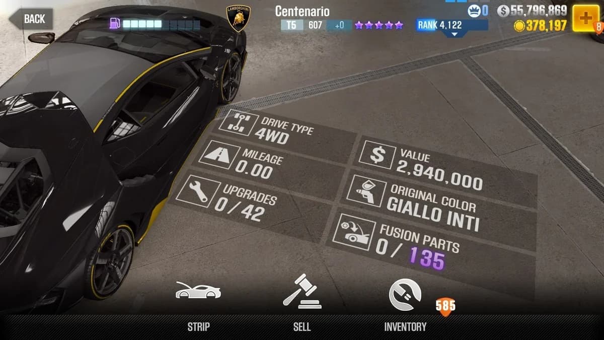 Lamborghini Centenario CSR2 fusion parts and upgrade breakdown, tier 5 purple star car