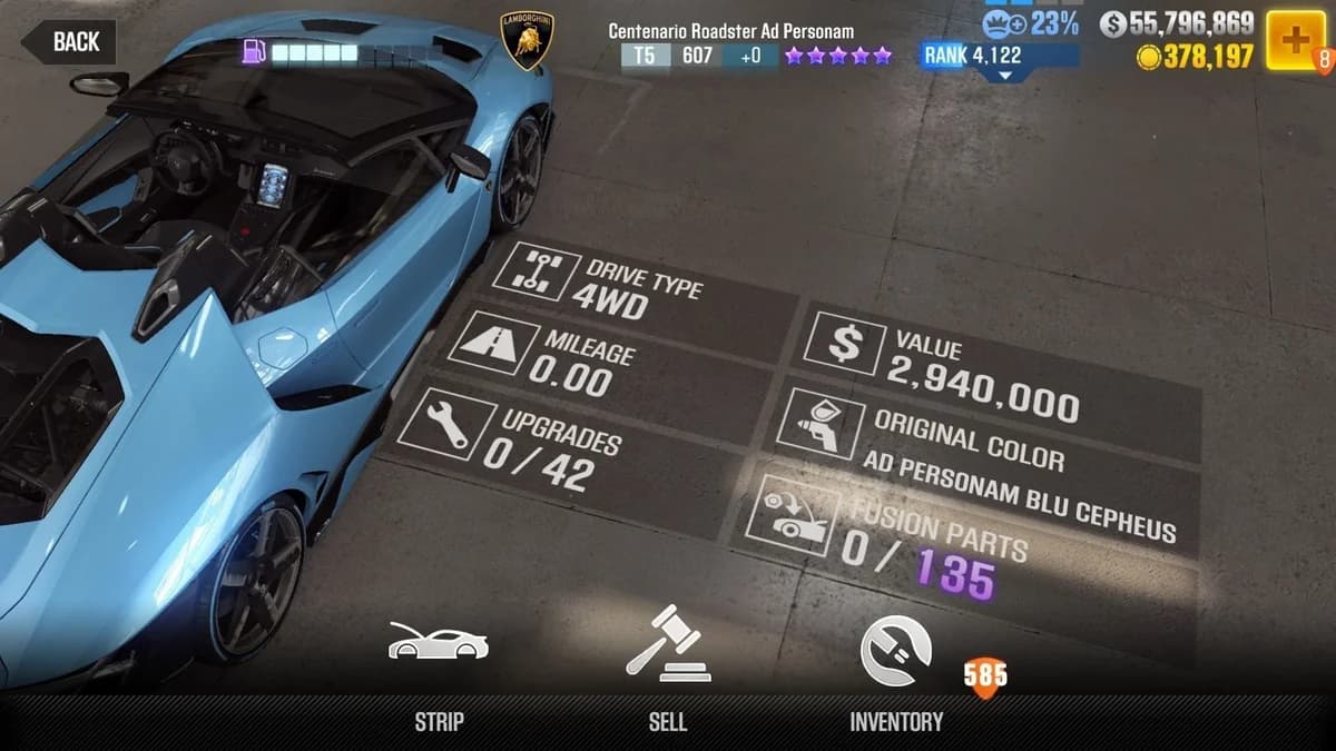 Lamborghini Centenario Roadster Ad Personam CSR2 fusion parts and upgrade breakdown, tier 5 purple star car