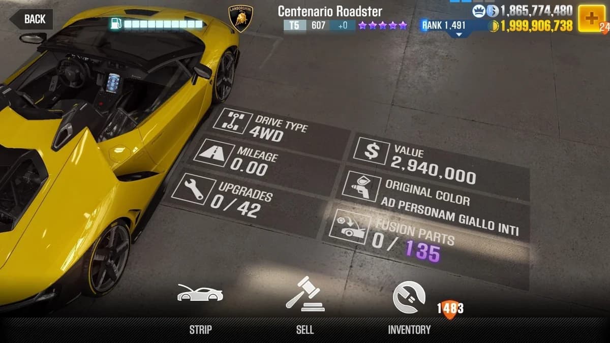 Lamborghini Centenario Roadster (Yellow) CSR2 fusion parts and upgrade breakdown, tier 5 purple star car