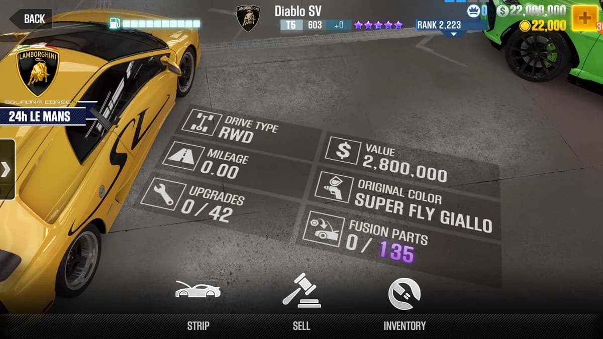 Lamborghini Diablo SV CSR2 fusion parts and upgrade breakdown, tier 5 purple star car