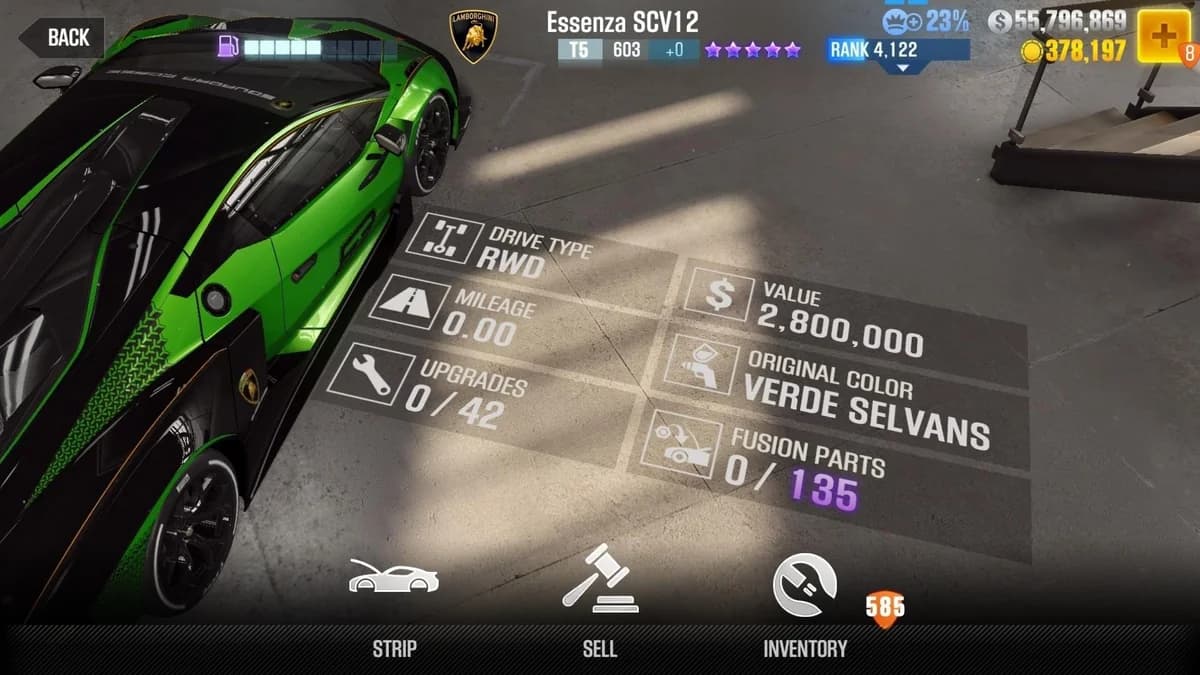 Lamborghini Essenza SCV12 'Bianco Asopo' CSR2 fusion parts and upgrade breakdown, tier 5 purple star car