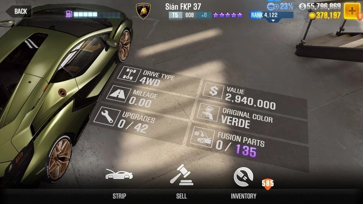 Lamborghini Sián FKP 37 CSR2 fusion parts and upgrade breakdown, tier 5 purple star car