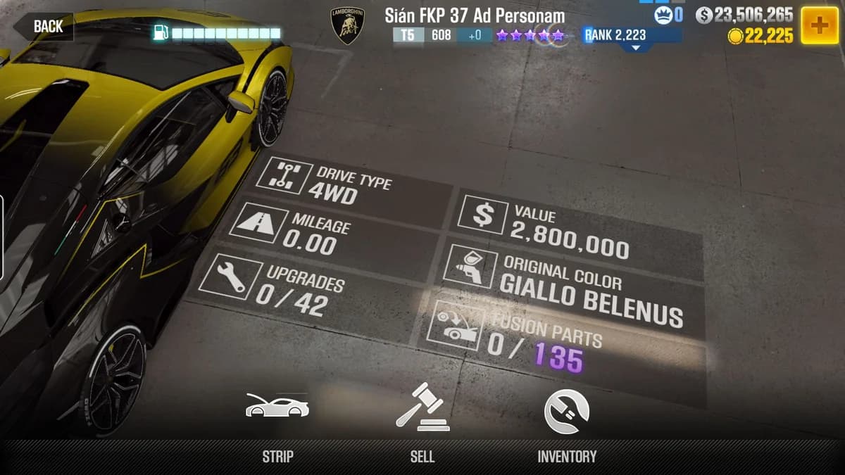 Lamborghini Sián FKP 37 Ad Personam CSR2 fusion parts and upgrade breakdown, tier 5 purple star car