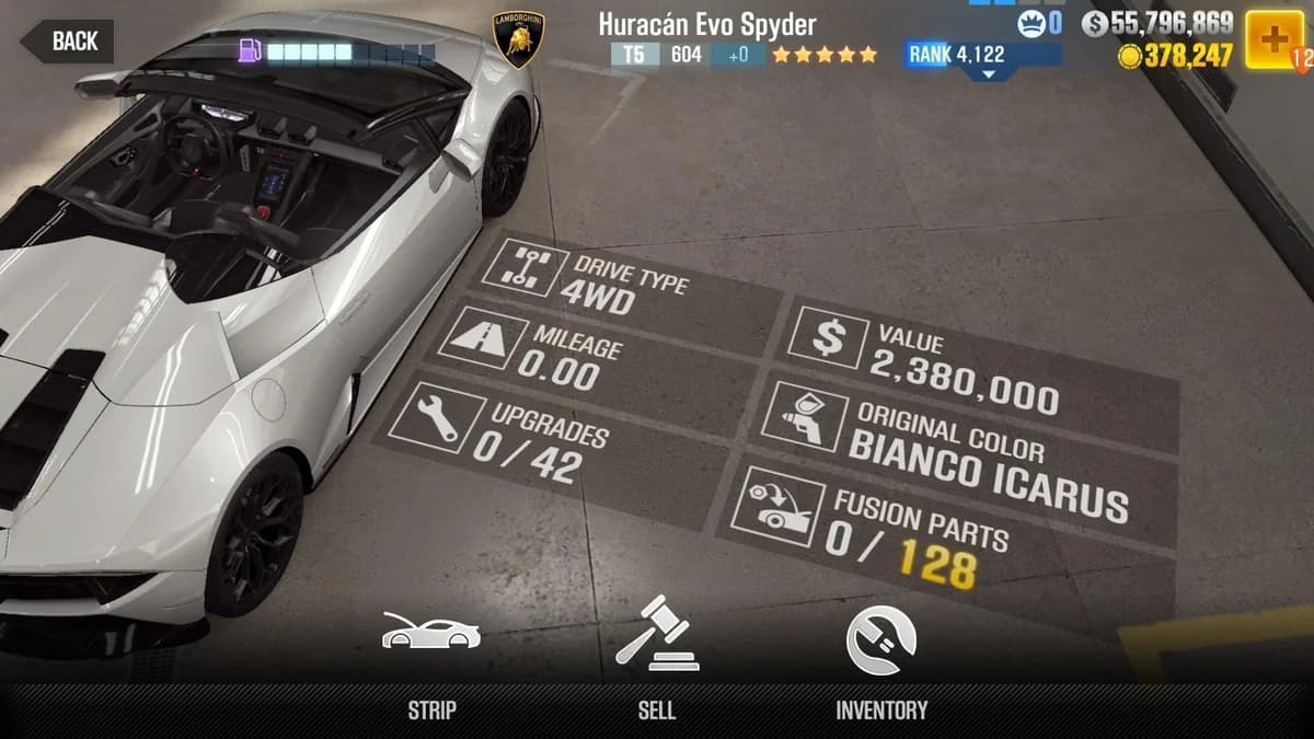 Lamborghini Huracán Evo Spyder CSR2 fusion parts and upgrade breakdown, tier 5 purple star car