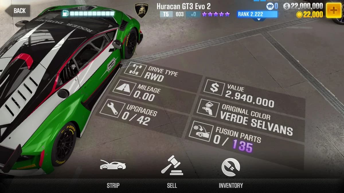 Lamborghini Huracan GT3 Evo 2 CSR2 fusion parts and upgrade breakdown, tier 5 purple star car