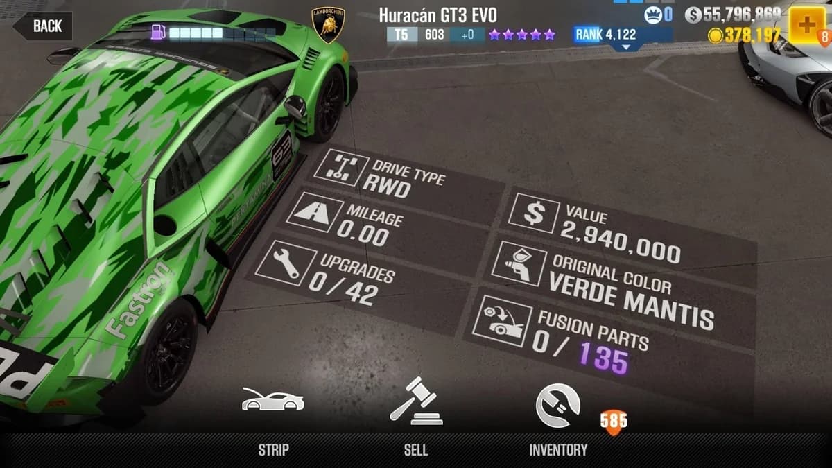 Lamborghini Huracán GT3 EVO CSR2 fusion parts and upgrade breakdown, tier 5 purple star car