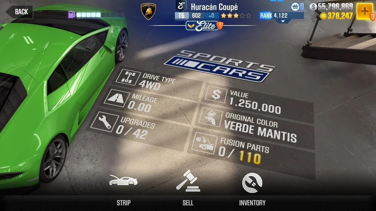 Lamborghini Huracán Coupe (E.C. Level 0) CSR2 fusion parts and upgrade breakdown, tier 5 gold star car
