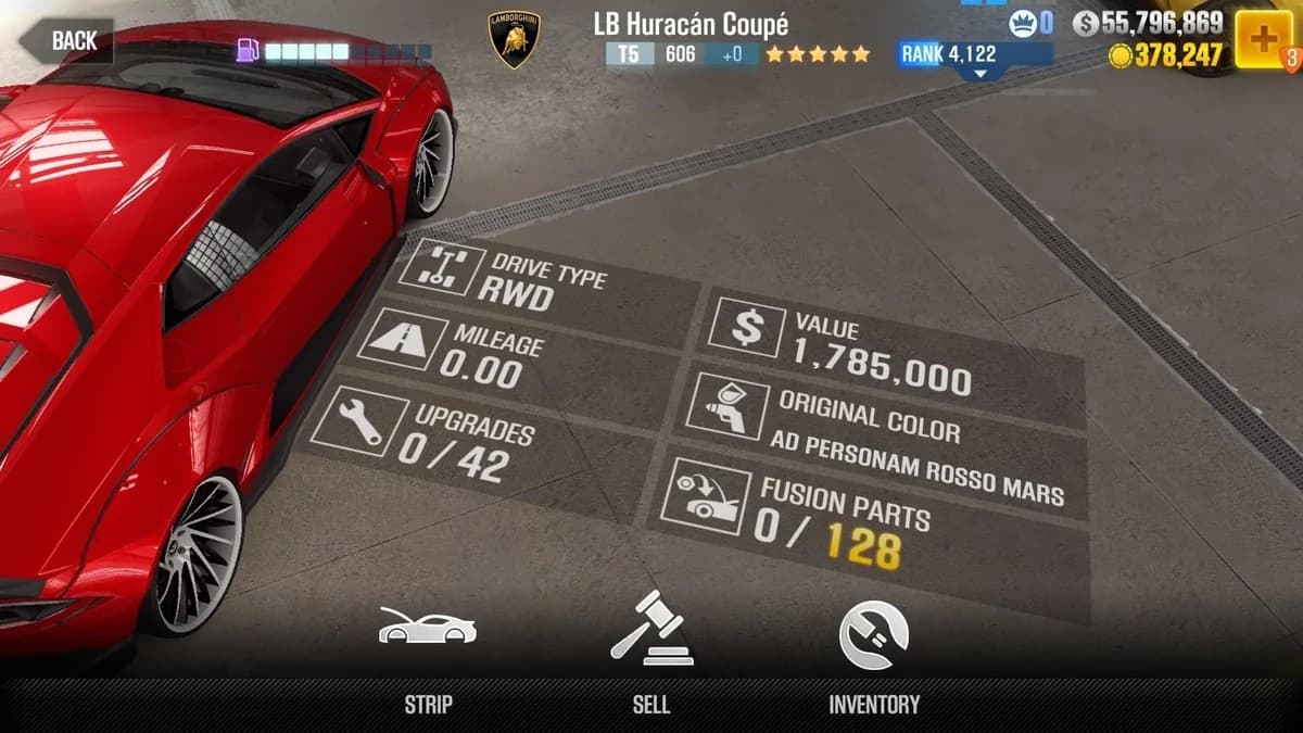 Lamborghini LB Huracán Coupe CSR2 fusion parts and upgrade breakdown, tier 5 gold star car