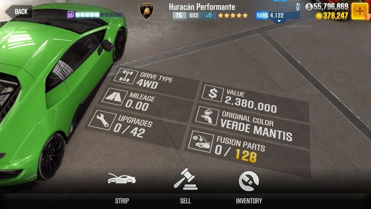 Lamborghini Huracán Performante CSR2 fusion parts and upgrade breakdown, tier 5 gold star car