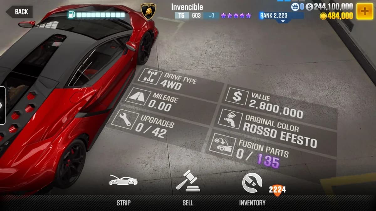 Lamborghini Invencible CSR2 fusion parts and upgrade breakdown, tier 5 purple star car