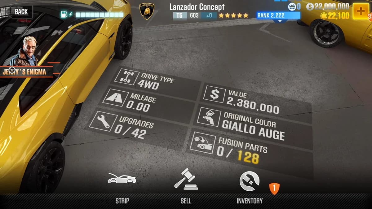 Lamborghini Lanzador Concept CSR2 fusion parts and upgrade breakdown, tier 5 gold star car