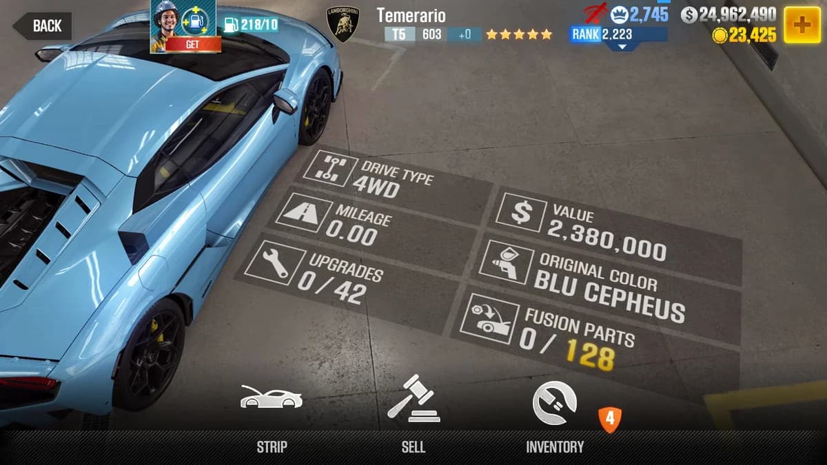 Lamborghini Temerario CSR2 fusion parts and upgrade breakdown, tier 5 purple star car