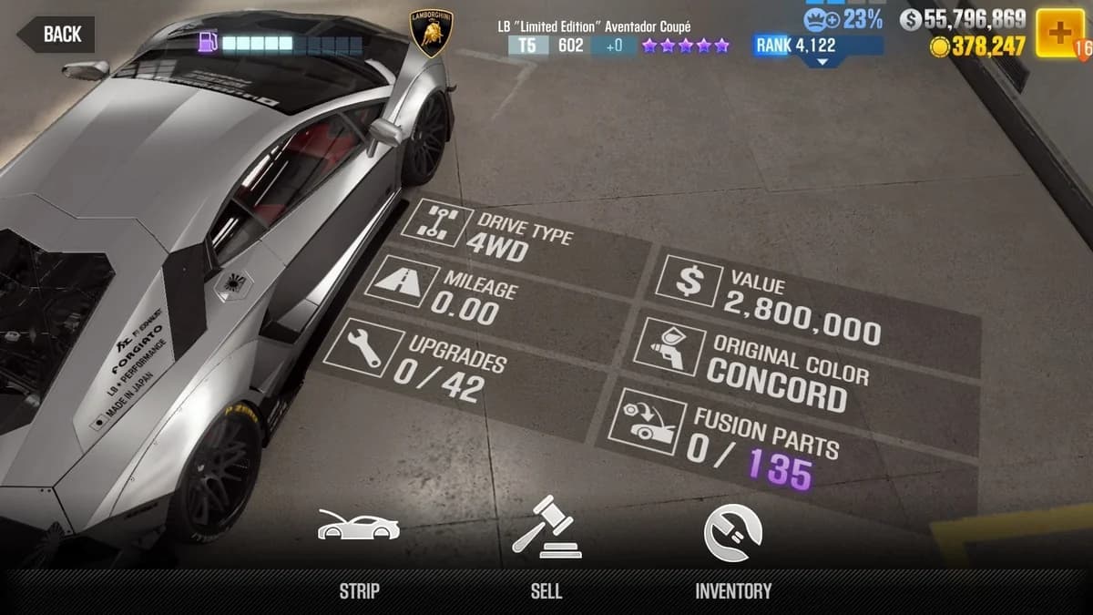 Lamborghini LB ''Limited Edition'' Aventador Coupe CSR2 fusion parts and upgrade breakdown, tier 5 purple star car