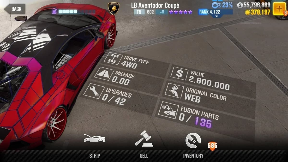 Lamborghini LB Aventador Coupe (VIP) CSR2 fusion parts and upgrade breakdown, tier 5 purple star car