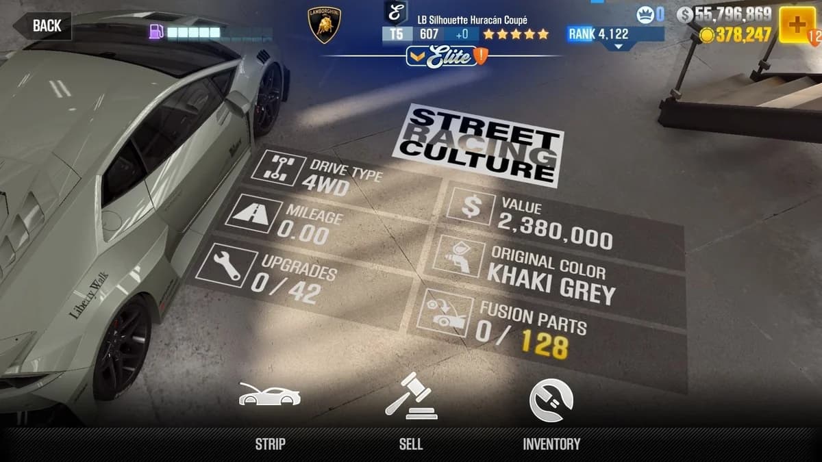 Lamborghini LB Silhouette Huracán Coupe (E.C. Level 0) CSR2 fusion parts and upgrade breakdown, tier 5 gold star car