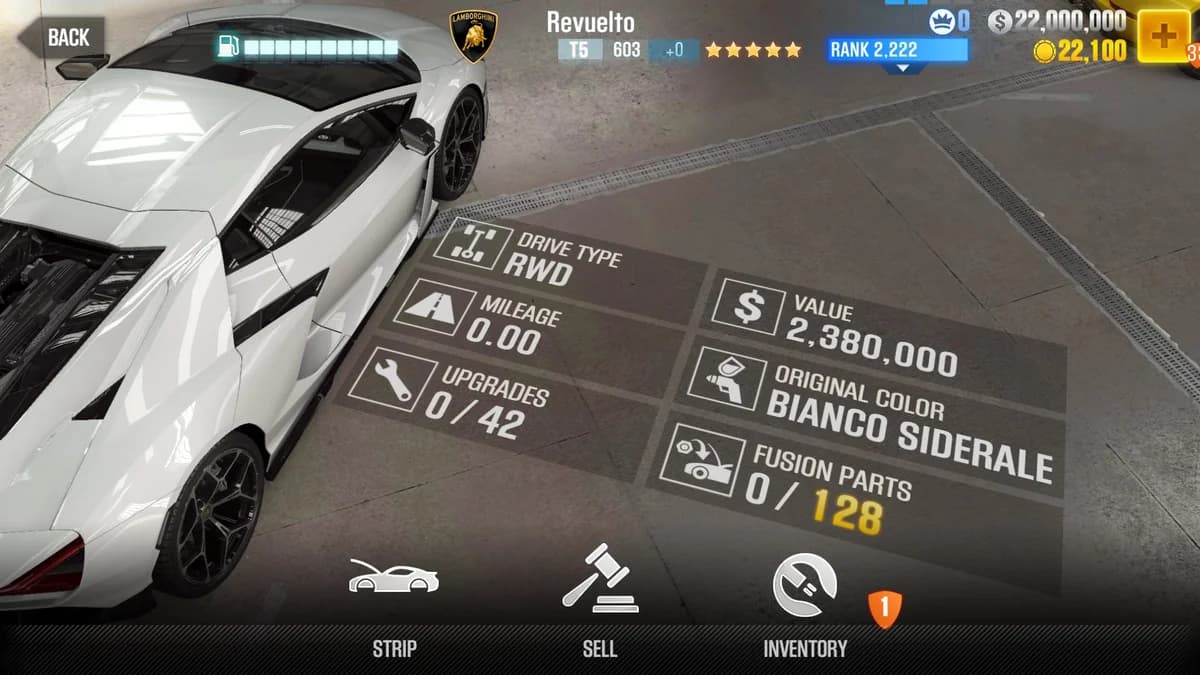 Lamborghini Revuelto CSR2 fusion parts and upgrade breakdown, tier 5 purple star car