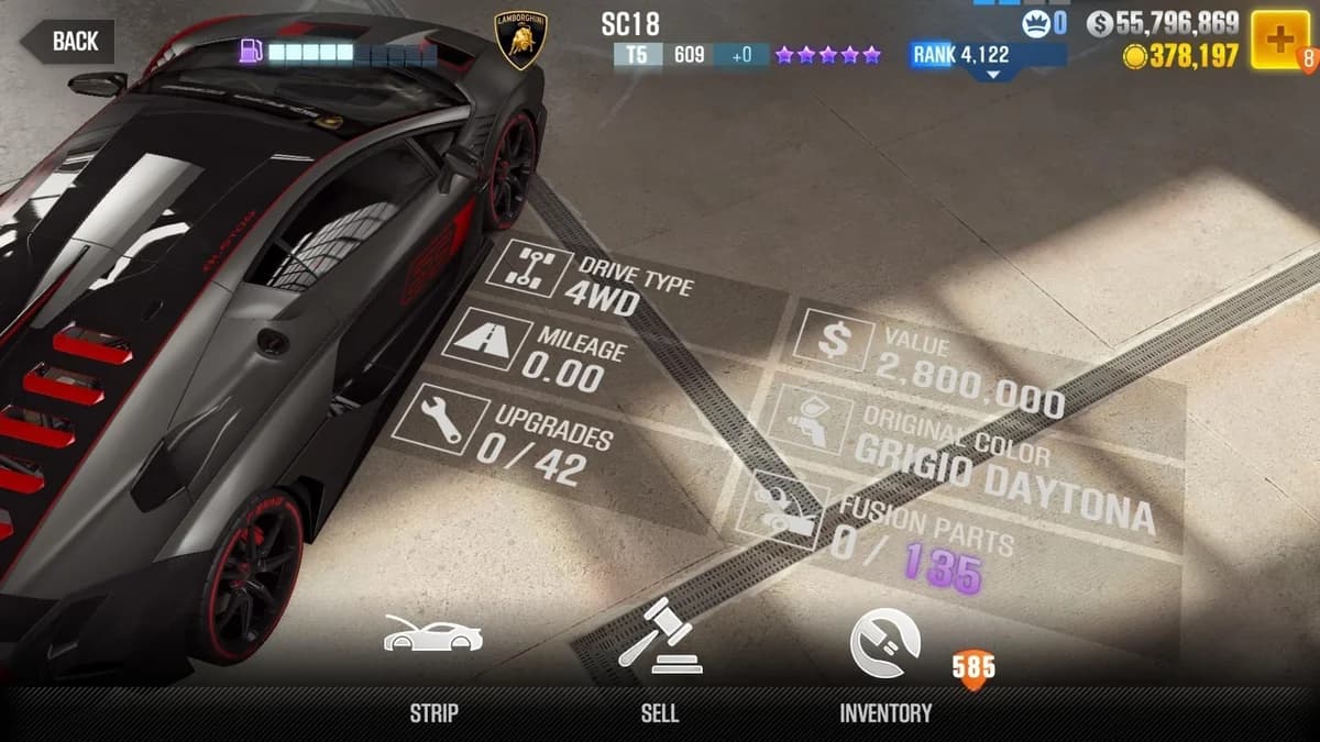 Lamborghini SC18 CSR2 fusion parts and upgrade breakdown, tier 5 purple star car