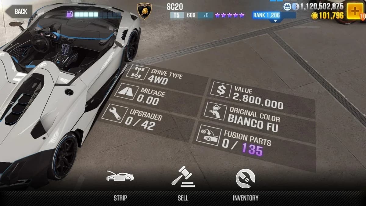 Lamborghini SC20 CSR2 fusion parts and upgrade breakdown, tier 5 purple star car