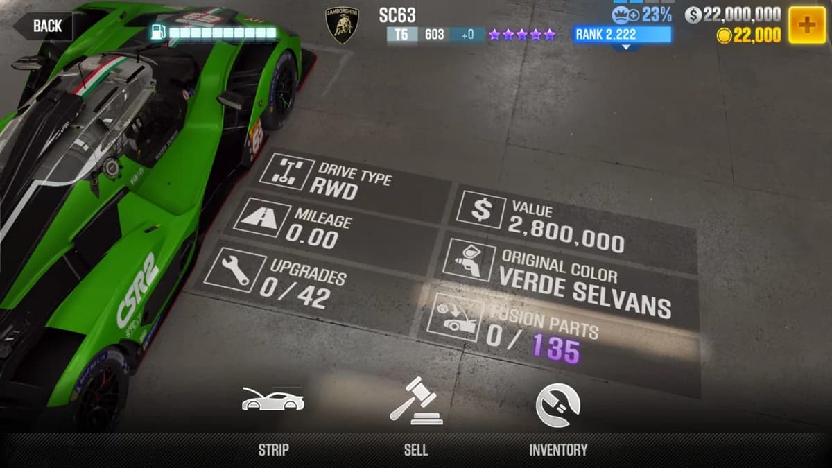 Lamborghini SC63 ''IMSA Version'' CSR2 fusion parts and upgrade breakdown, tier 5 purple star car