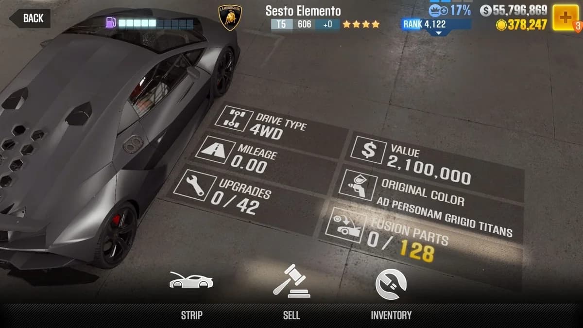 Lamborghini Sesto Elemento CSR2 fusion parts and upgrade breakdown, tier 5 gold star car